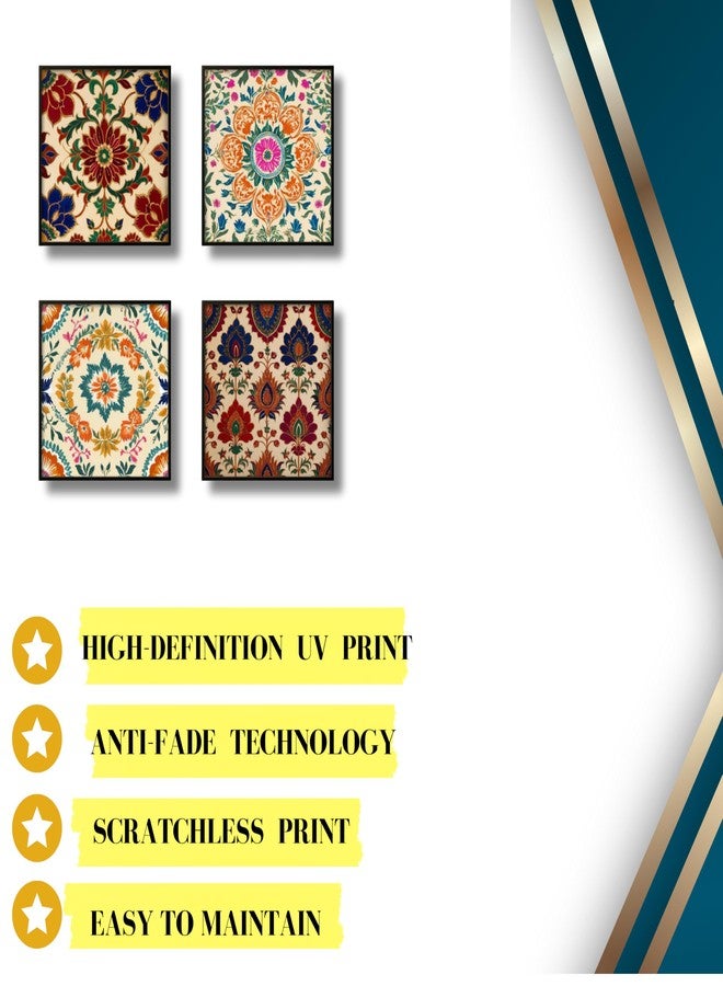 Nozvera 4 PCS MDF Wall Art Set for Living Room Bedroom - Traditional Floral Mandala Design - 16x16 Inch Each - UV Laminated Sparkle Finish, Ready to Hang, Home Wall Decor - Image 4